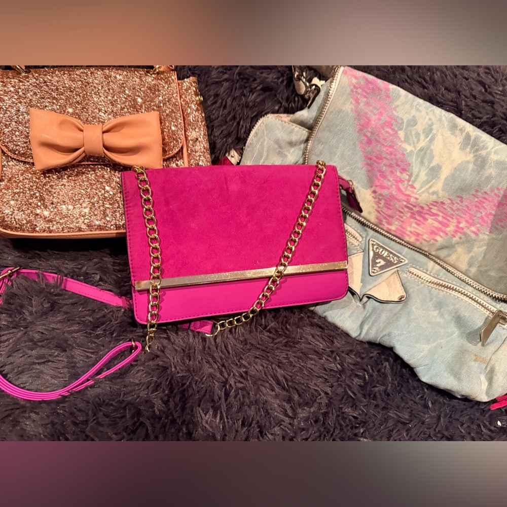 Guess Denim Purse, Fuchsia Mini Bag with Gold Chain & glitter mini